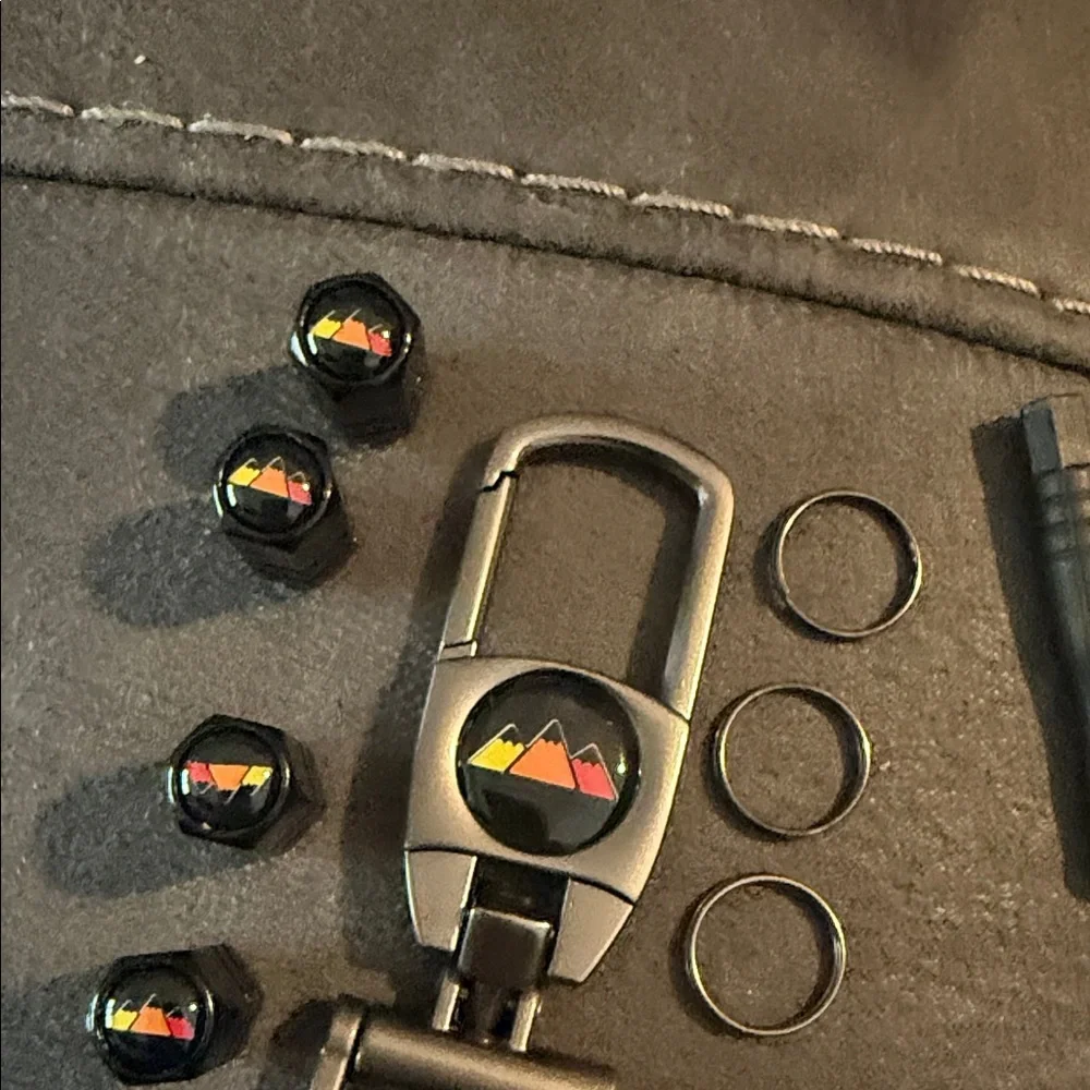 Mountain Emblem Keychain and Tire Valve Caps Set - Black